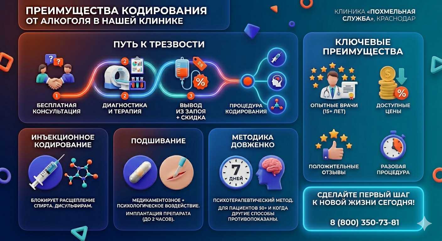 Инфографика о методах кодирования от алкоголя в Балаклаве: инъекции, подшивание, метод Довженко. Преимущества клиники и этапы лечения.